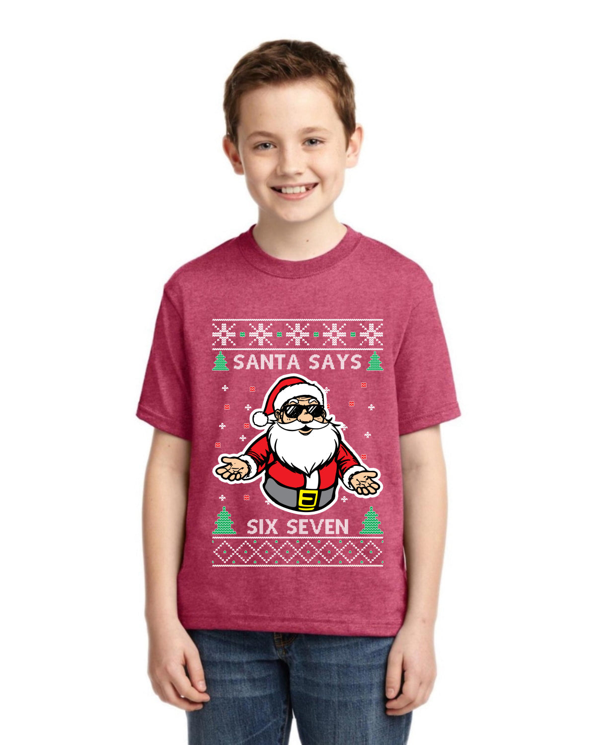 Santa Says 6 7 Meme Ugly Christmas Sweater For Kids | Unisex Boys Girls Graphic Youth T-Shirt