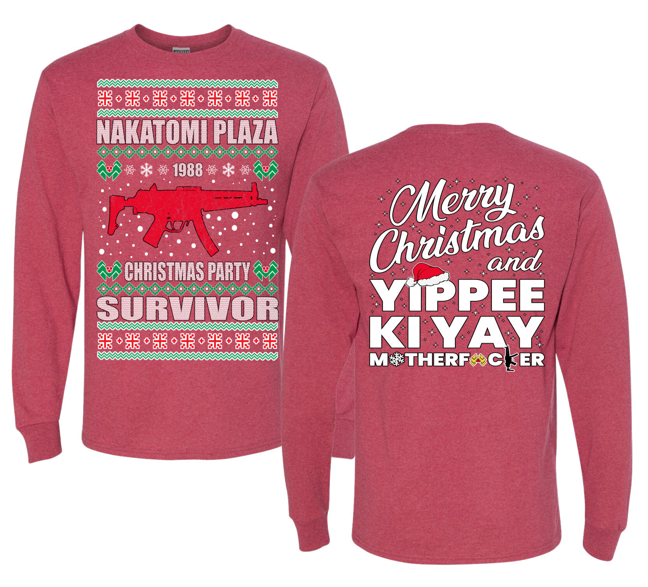 Christmas Party Survivor Nakatomi Plaza 1988 Ugly Christmas Front and Back Sweater Mens Long Sleeve Shirt
