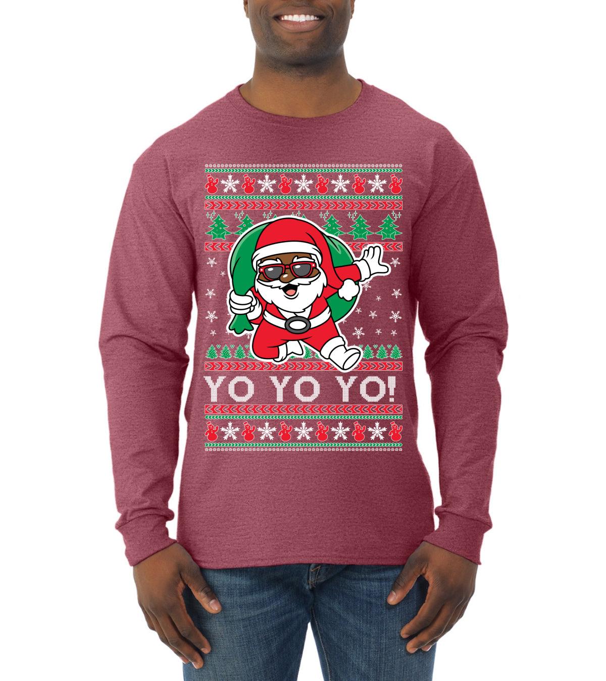Yo Yo Yo Black Santa Ugly Christmas Sweater Mens Long Sleeve Shirt