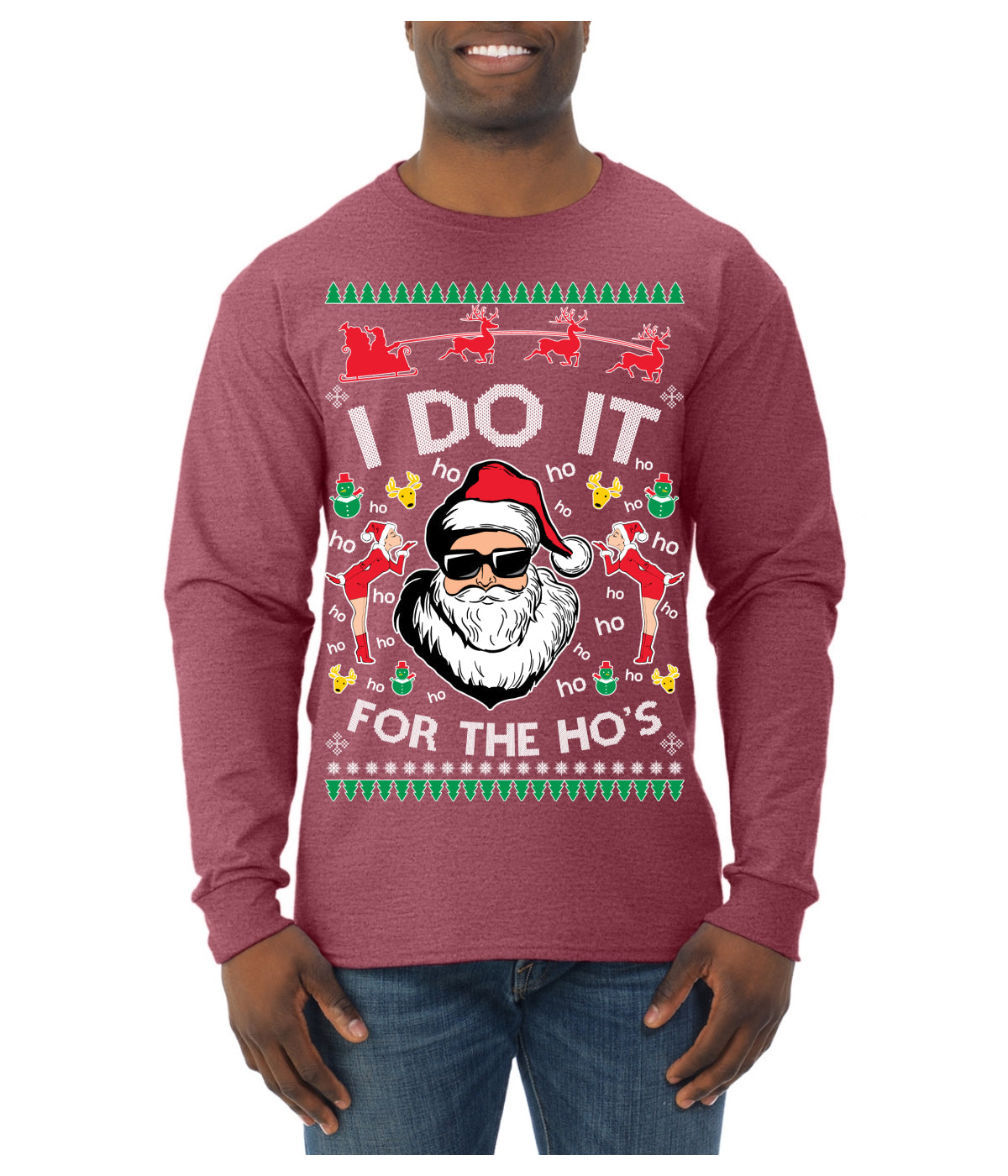 I Do It for the Hos Funny Santa Claus Ugly Christmas Sweater Mens Long Sleeve Shirt