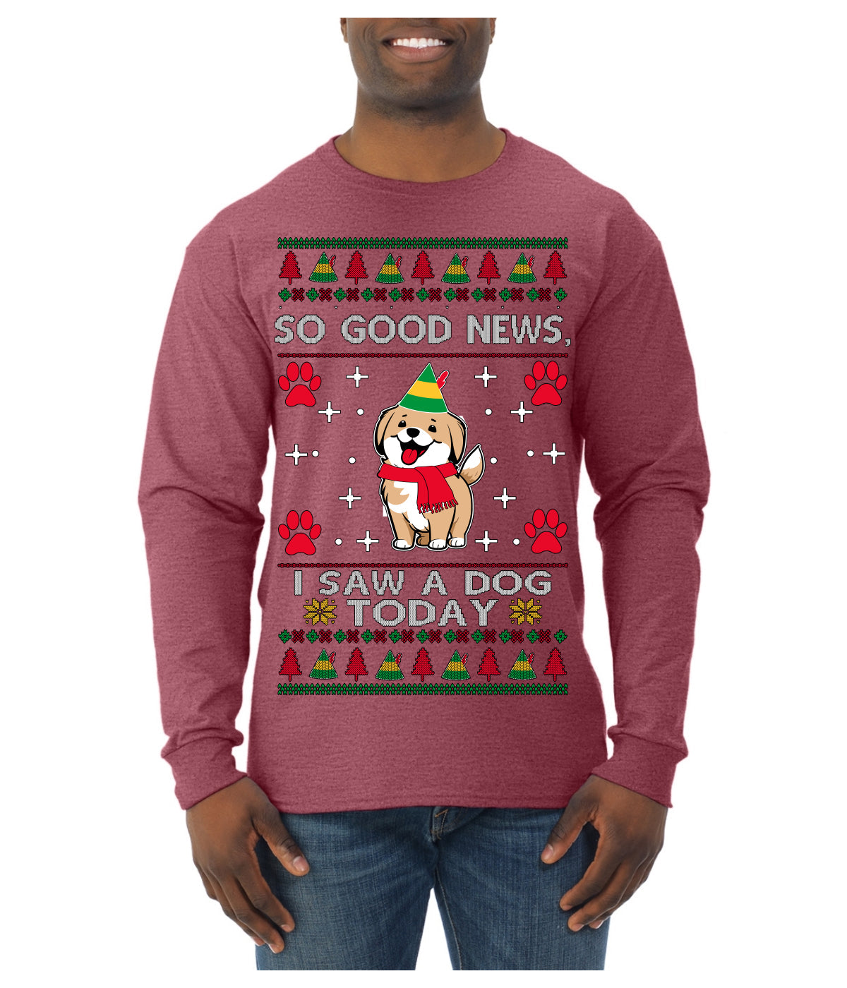 Good News I Saw a Dog Today Funny Ugly Christmas Sweater Mens Long Sleeve Shirt