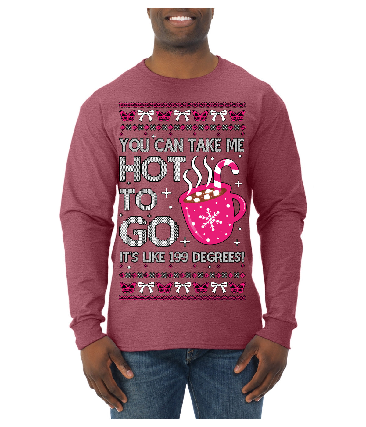 You Can Take Me Hot to Go, Hot Cocoa Viral Song Pop Music Ugly Christmas Sweater Mens Long Sleeve Shirt