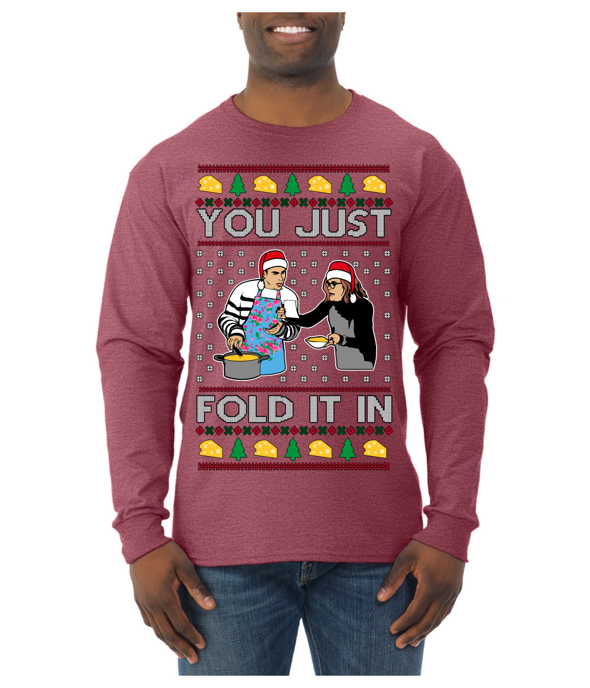 You Just Fold It In Funny Enchilada Moira David TV Sitcom Ugly Christmas Sweater Mens Long Sleeve Shirt