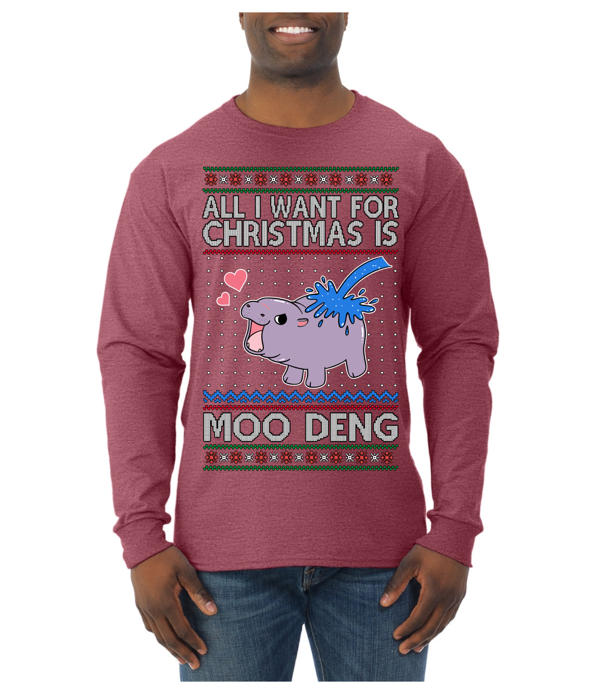 All I Want for Christmas is Moo Deng Cute Pygmy Hippo Ugly Christmas Sweater Mens Long Sleeve Shirt