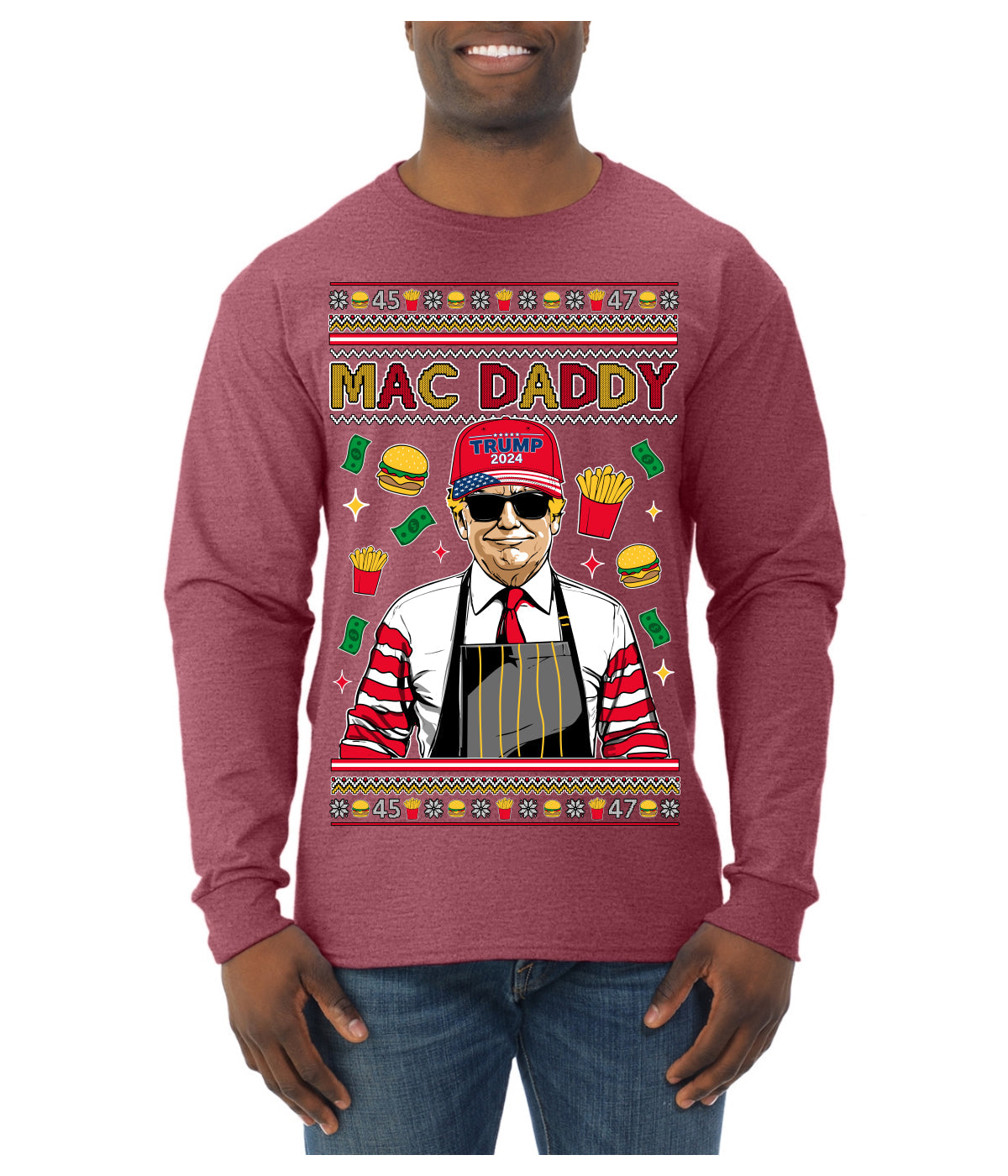 Mac Daddy Funny Viral Trump Meme Fast Food Fries Burgers Ugly Christmas Sweater Mens Long Sleeve Shirt