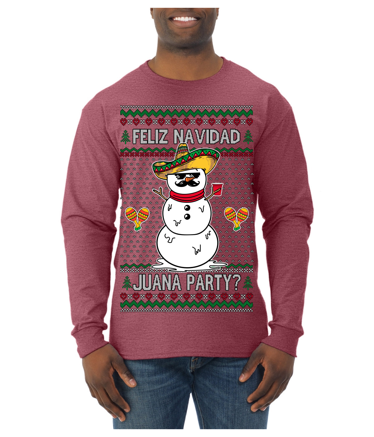 Feliz Navidad Juana Party Funny Spanish Drinking Cerveza Ugly Christmas Sweater Mens Long Sleeve Shirt