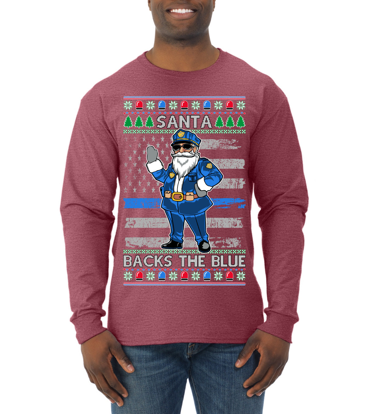 Santa Backs The Blue Pro Police Santa Claus Ugly Christmas Sweater Mens Long Sleeve Shirt