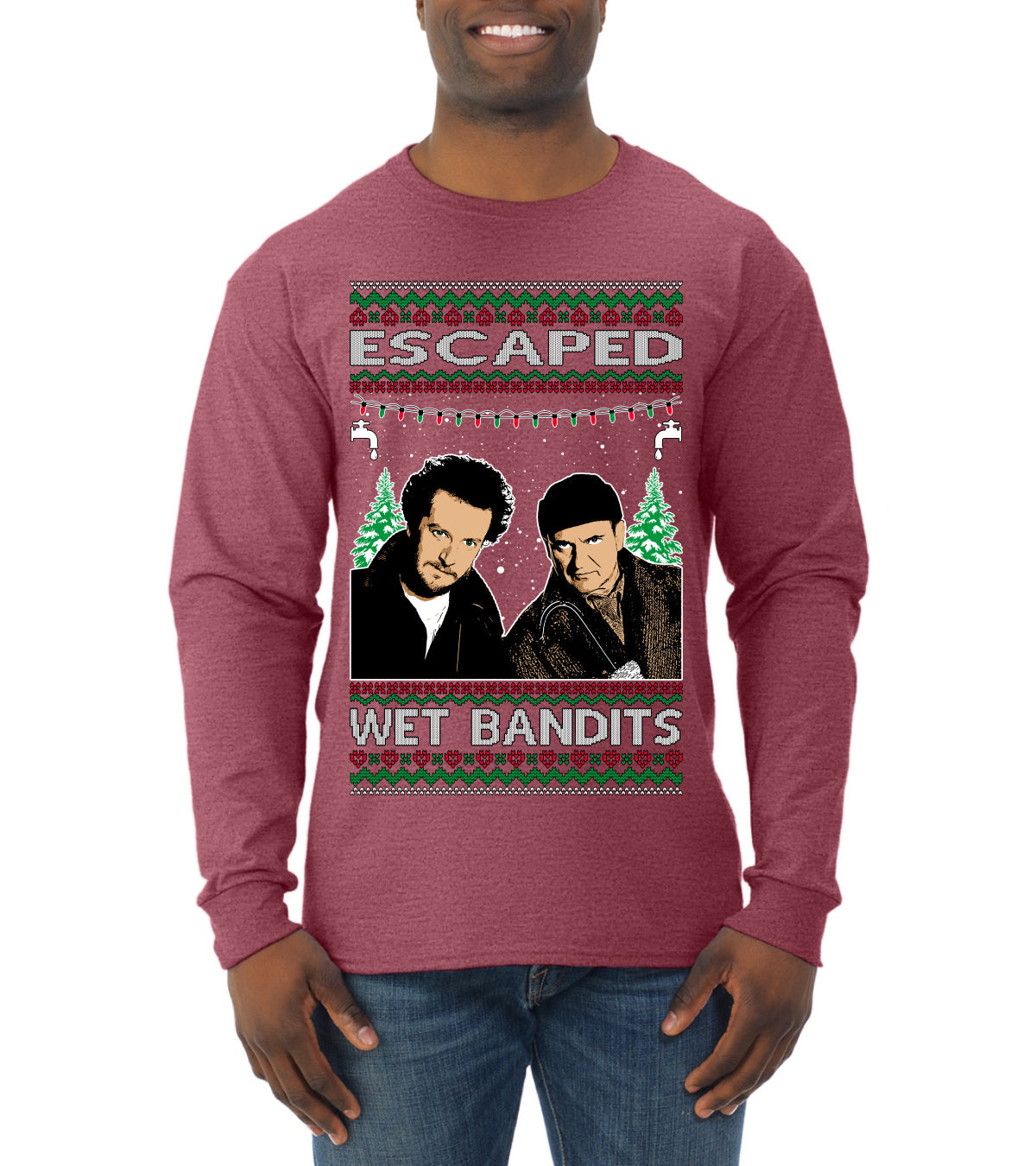 Escaped Bandits Classic Home Holiday Movie Ugly Christmas Sweater Mens Long Sleeve Shirt
