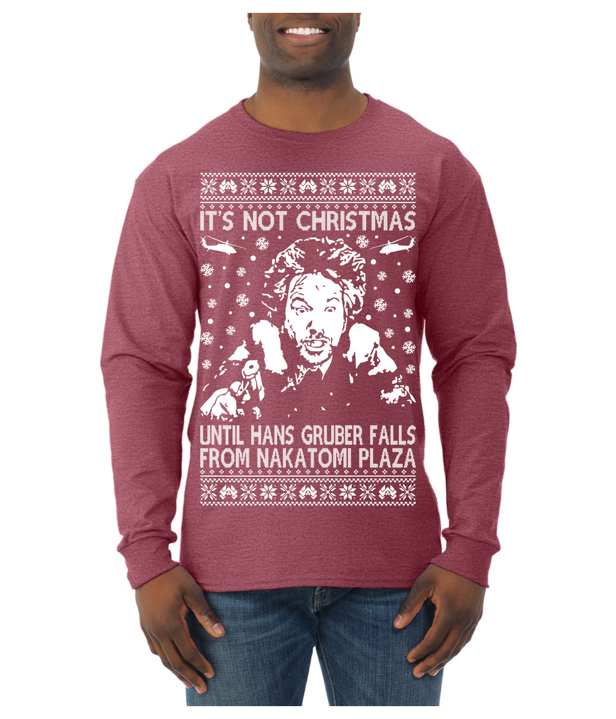 It's Not Christmas Until Hans Gruber Falls From Nakatomi Plaza White Ugly Christmas Sweater Mens Long Sleeve Shirt