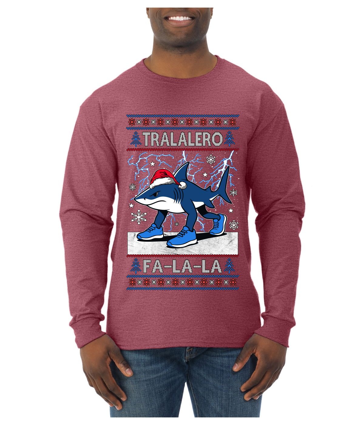 Tralalero Fa La La Brainrot, Ugly Christmas Sweater Mens Long Sleeve Shirt