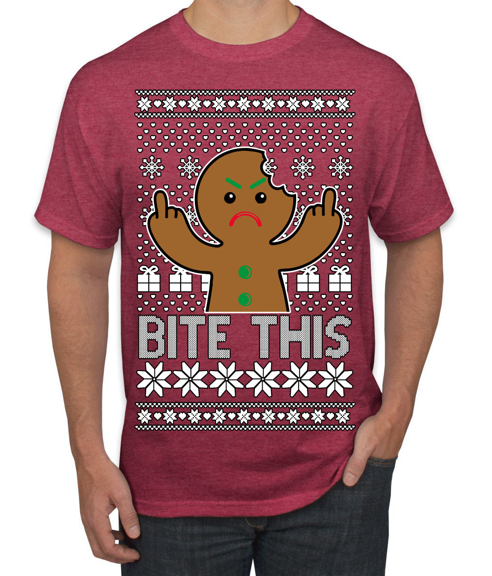 Bite This, Funny Gingerbread Cookie Offensive Inappropriate Middle Finger, F U Ginger Bread Dirty Novelty Xmas Ugly Christmas Sweater Men's T-Shirt