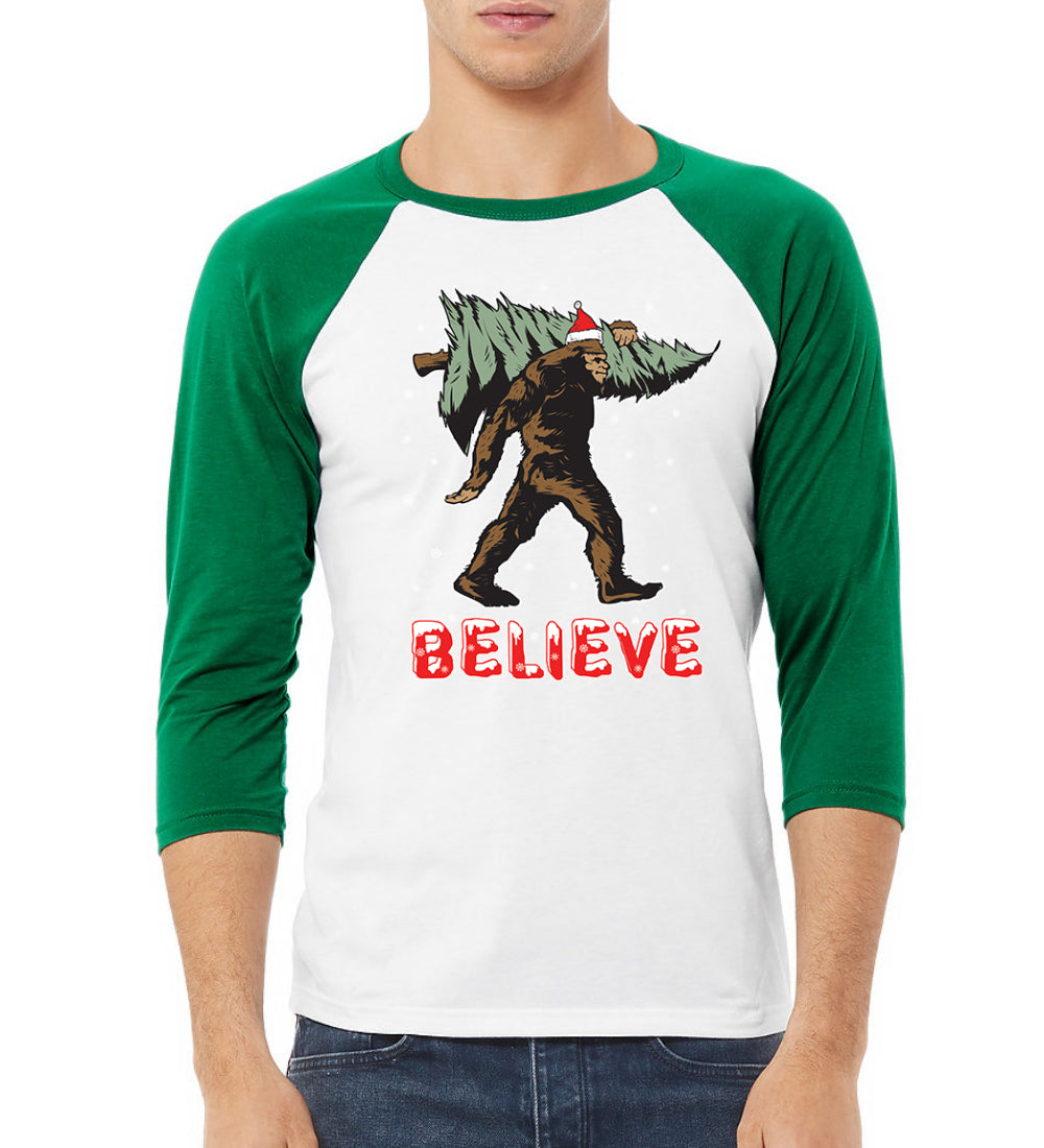 Believe Sanata Sasquatch Bigfoot Christmas Christmas 3/4 Sleeve Raglan Unisex Baseball Tee
