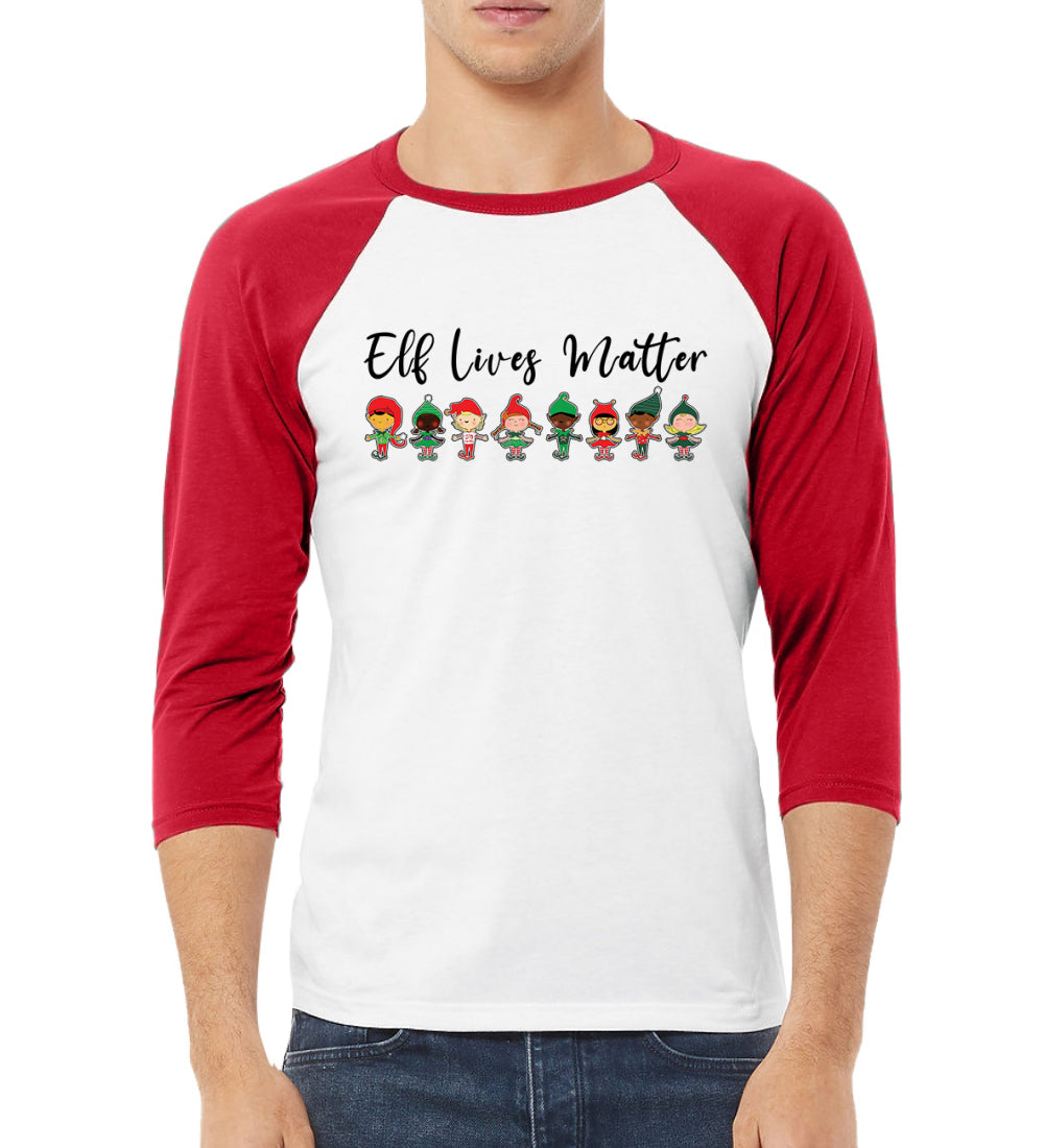 Elf Lives Matter Cute Elves Christmas 3/4 Sleeve Raglan Unisex Baseball Tee
