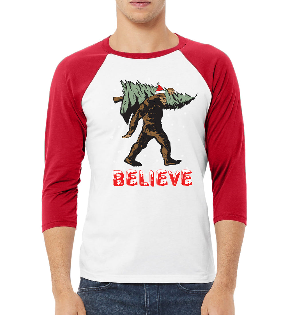 Believe Sanata Sasquatch Bigfoot Christmas Christmas 3/4 Sleeve Raglan Unisex Baseball Tee