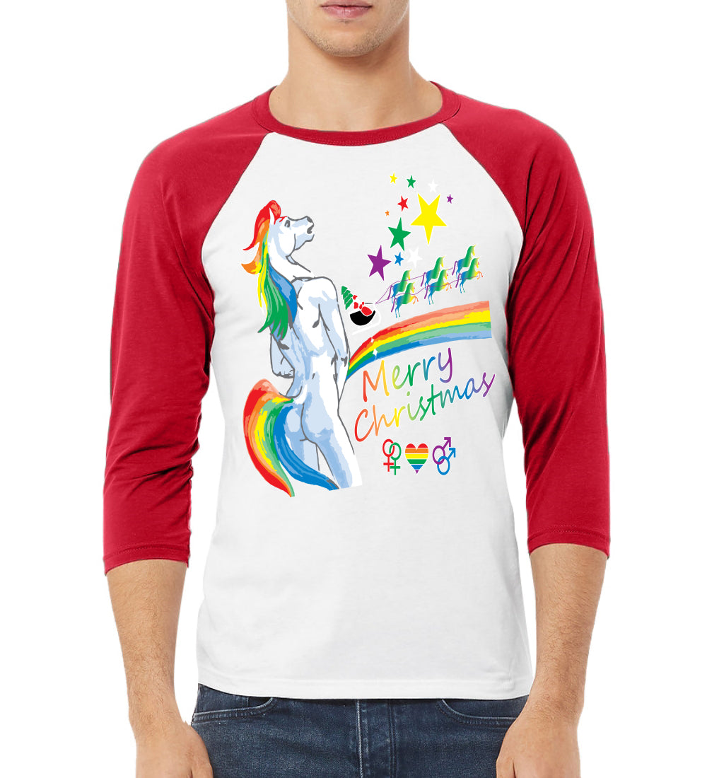 Unicorn Pissing Rainbow Christmas 3/4 Sleeve Raglan Unisex Baseball Tee