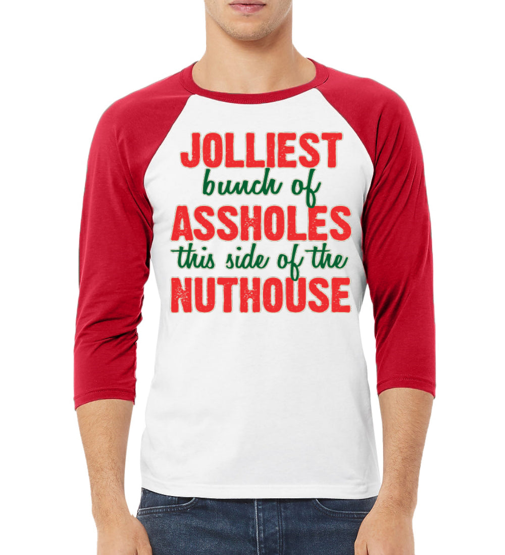 Jolliest Bunch of Assholes Nuthouse Christmas Vacation Christmas 3/4 Sleeve Raglan Unisex Baseball Tee