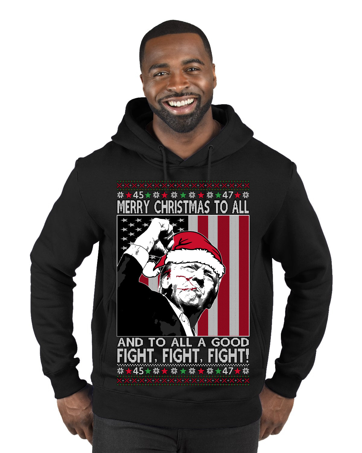 Merry Christmas to All a Good Fight | Santa Donald Trump Ugly Christmas Sweater Premium Graphic Hoodie Sweatshirt