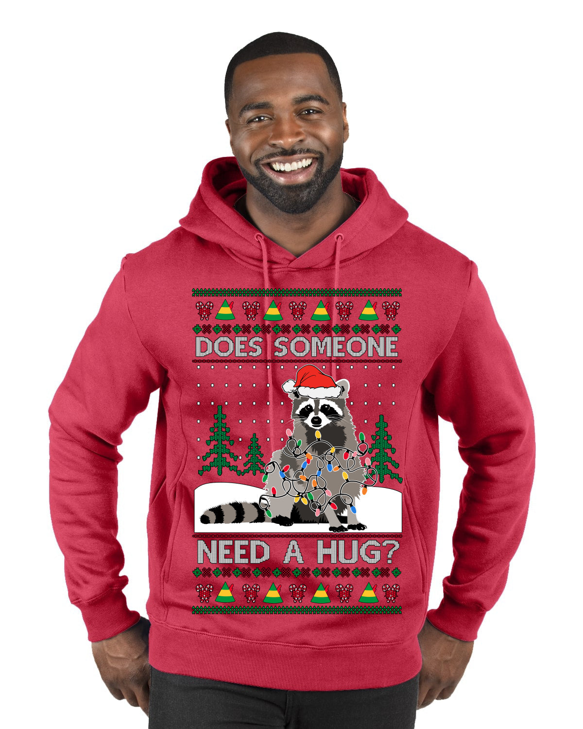 Does Someone Need a Hug? Cute Raccoon Ugly Christmas Sweater Premium Graphic Hoodie Sweatshirt