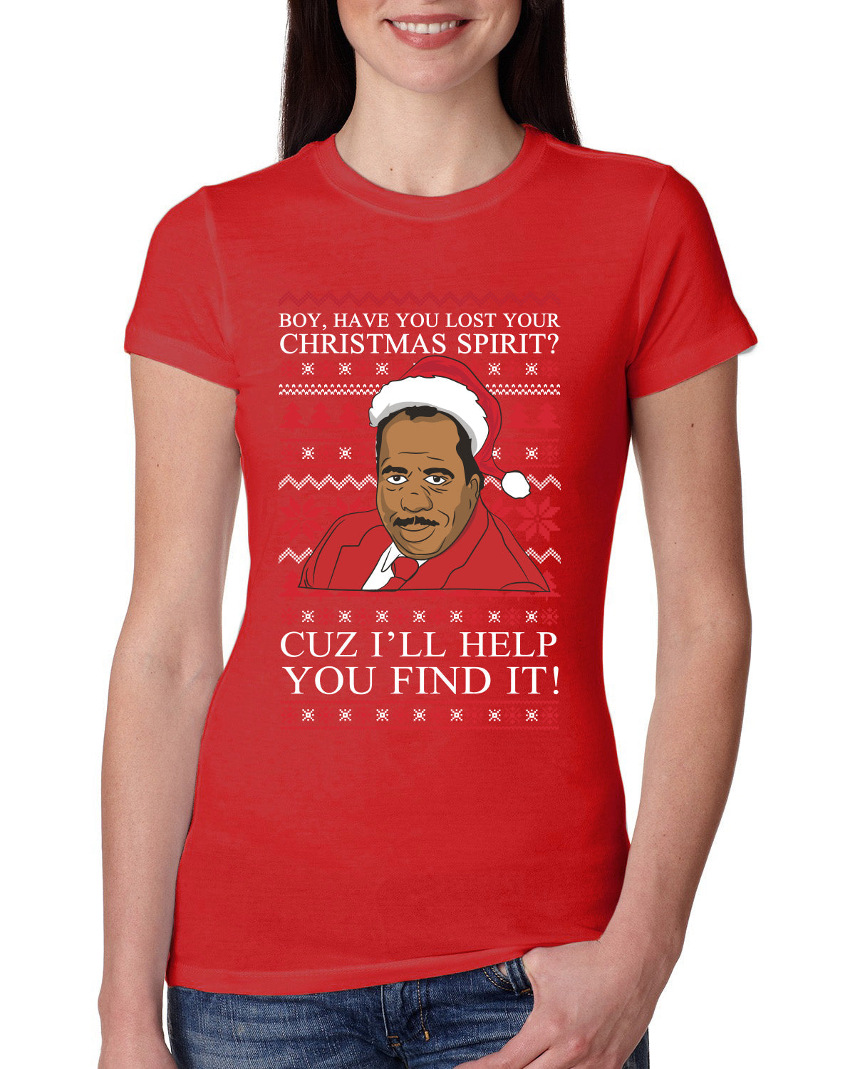 Christmas Spirit I'll Help You Find It Stanley Hudson Ugly Christmas Sweater Womens Slim Fit Junior Tee