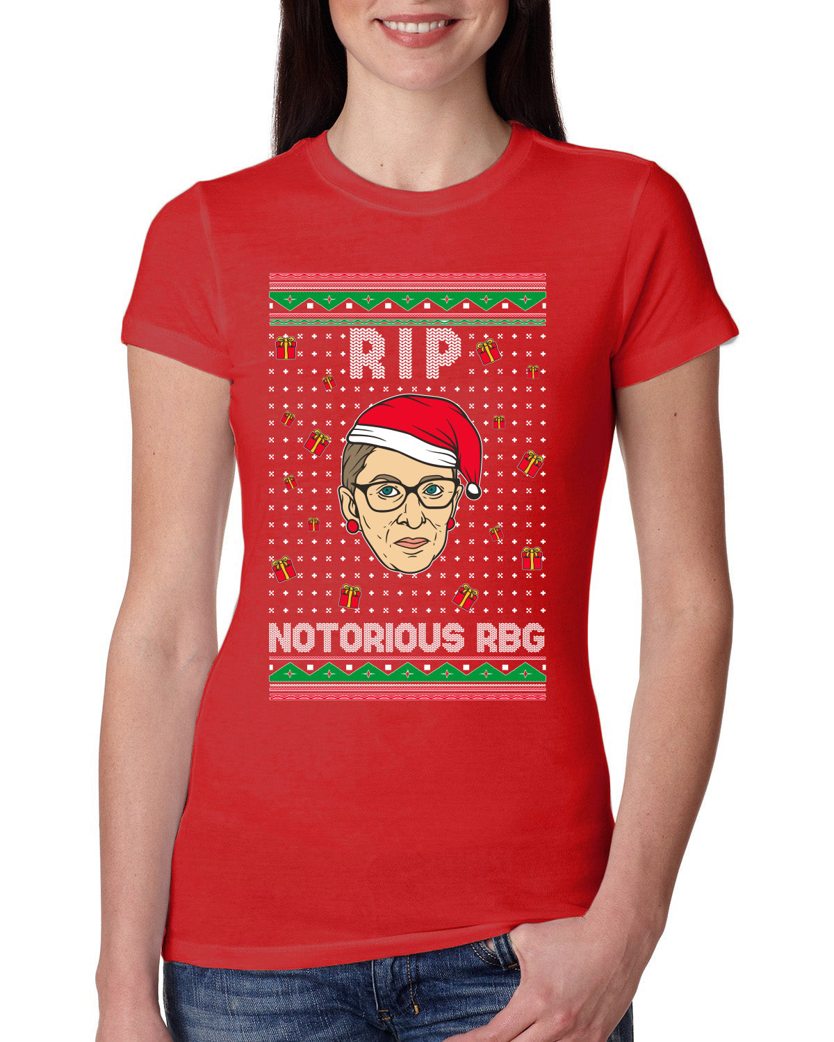 RIP Notorious RBG Ruth Bader Ginsburg Ugly Christmas Sweater Womens Slim Fit Junior Tee