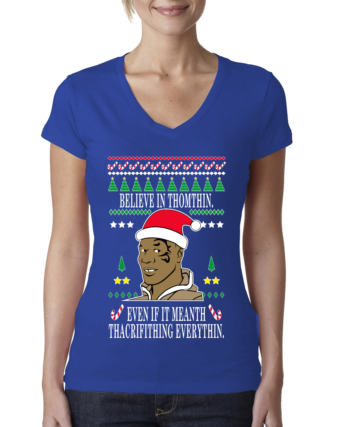Lisp Believe In Thomthin Thacrifithing Everythin Ugly Christmas Sweater Womens Junior Fit V-Neck Tee