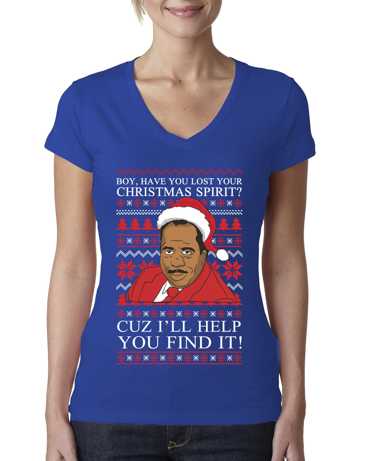 Christmas Spirit I'll Help You Find It Stanley Hudson Ugly Christmas Sweater Womens Junior Fit V-Neck Tee