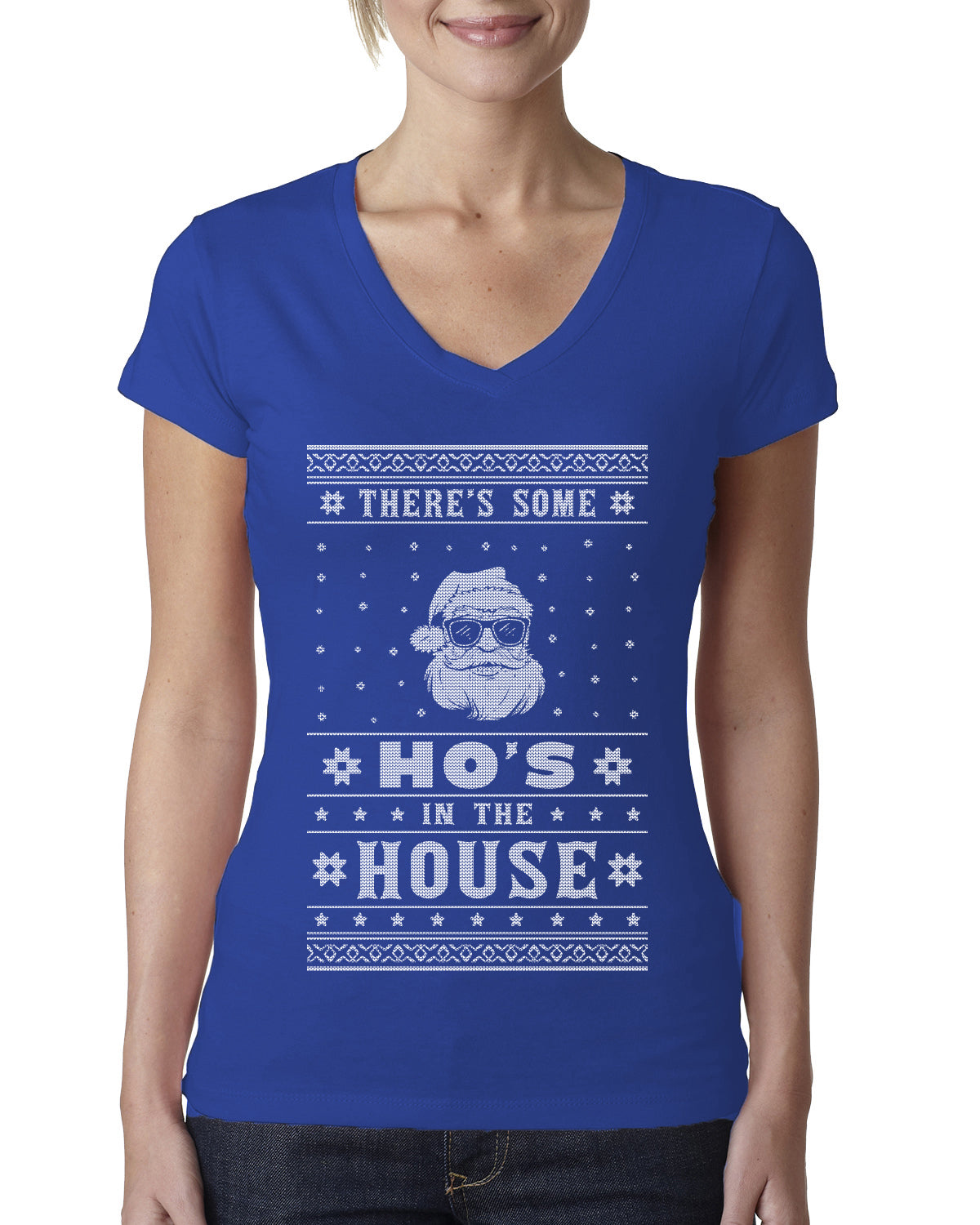 Theres Some Hos in the House Santa Ugly Christmas Sweater Womens Junior Fit V-Neck Tee