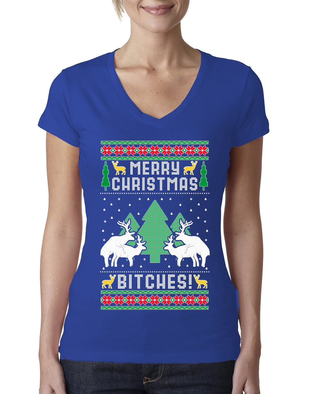 Merry Christmas Bitches Ugly Christmas Sweater Womens Junior Fit V-Neck Tee