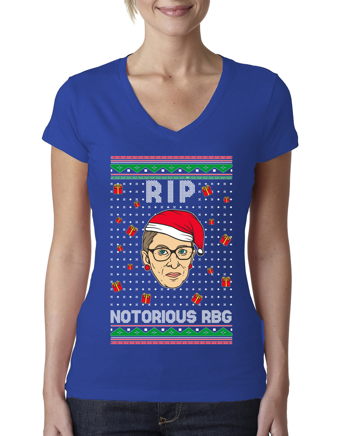RIP Notorious RBG Ruth Bader Ginsburg Ugly Christmas Sweater Womens Junior Fit V-Neck Tee
