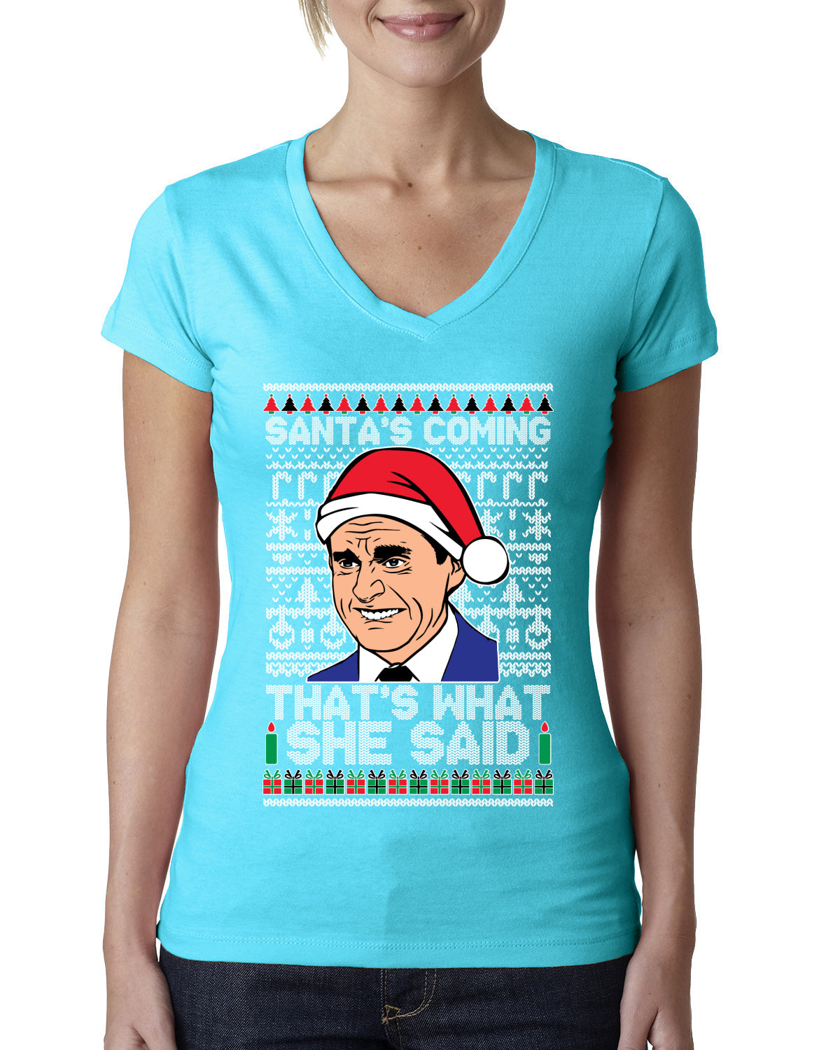 Santas Coming That's What She Said Michael Scott Ugly Christmas Sweater Womens Junior Fit V-Neck Tee