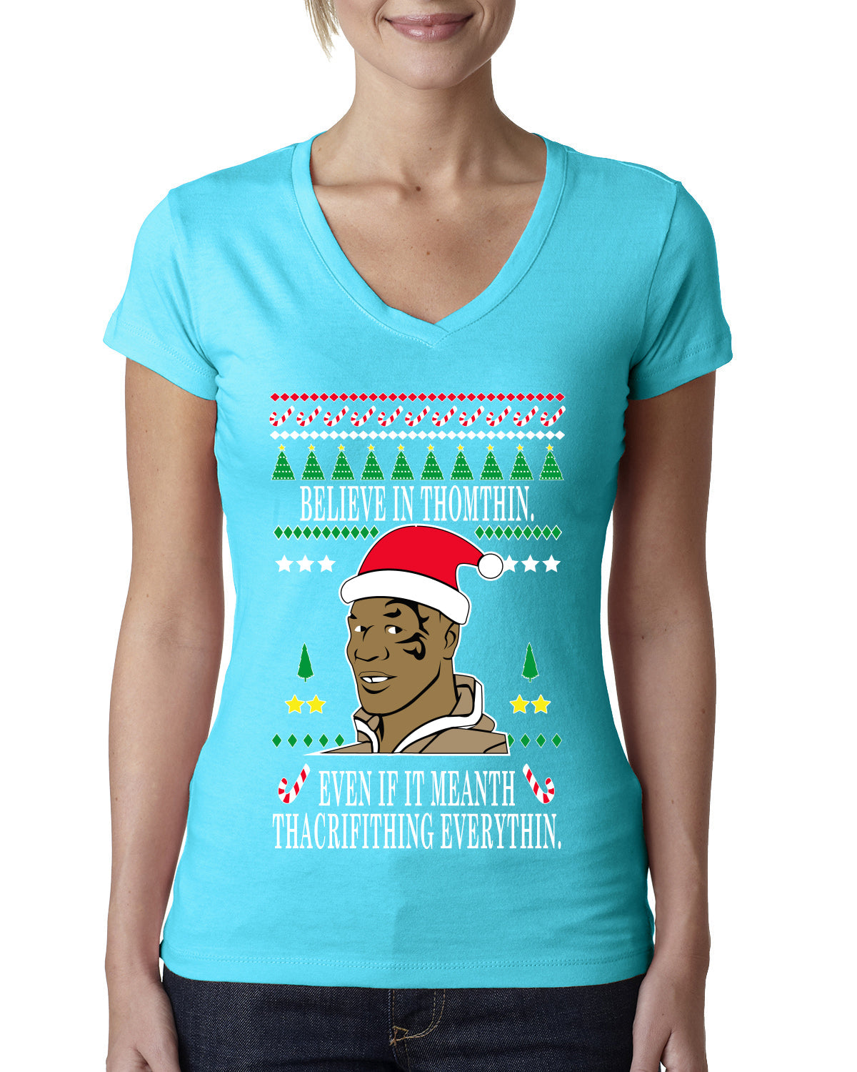 Lisp Believe In Thomthin Thacrifithing Everythin Ugly Christmas Sweater Womens Junior Fit V-Neck Tee