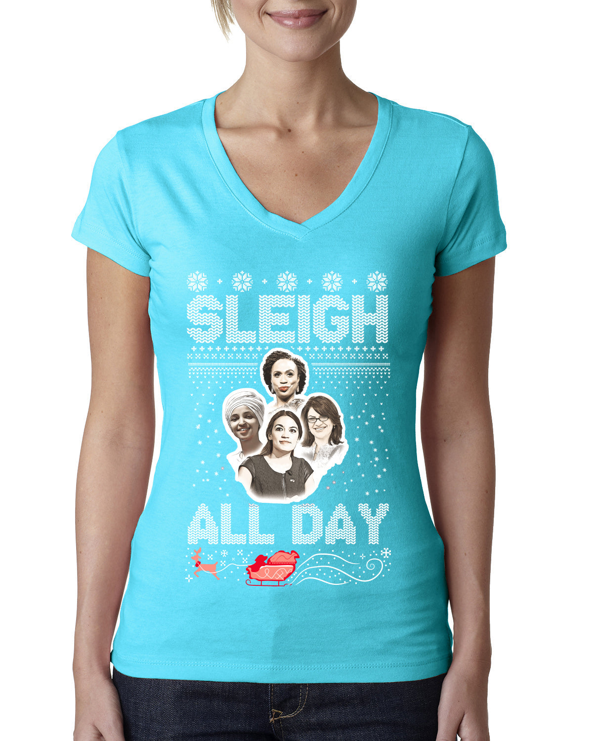AOC The Squad Congresswomen Sleigh All Day Xmas Ugly Christmas Sweater Womens Junior Fit V-Neck Tee