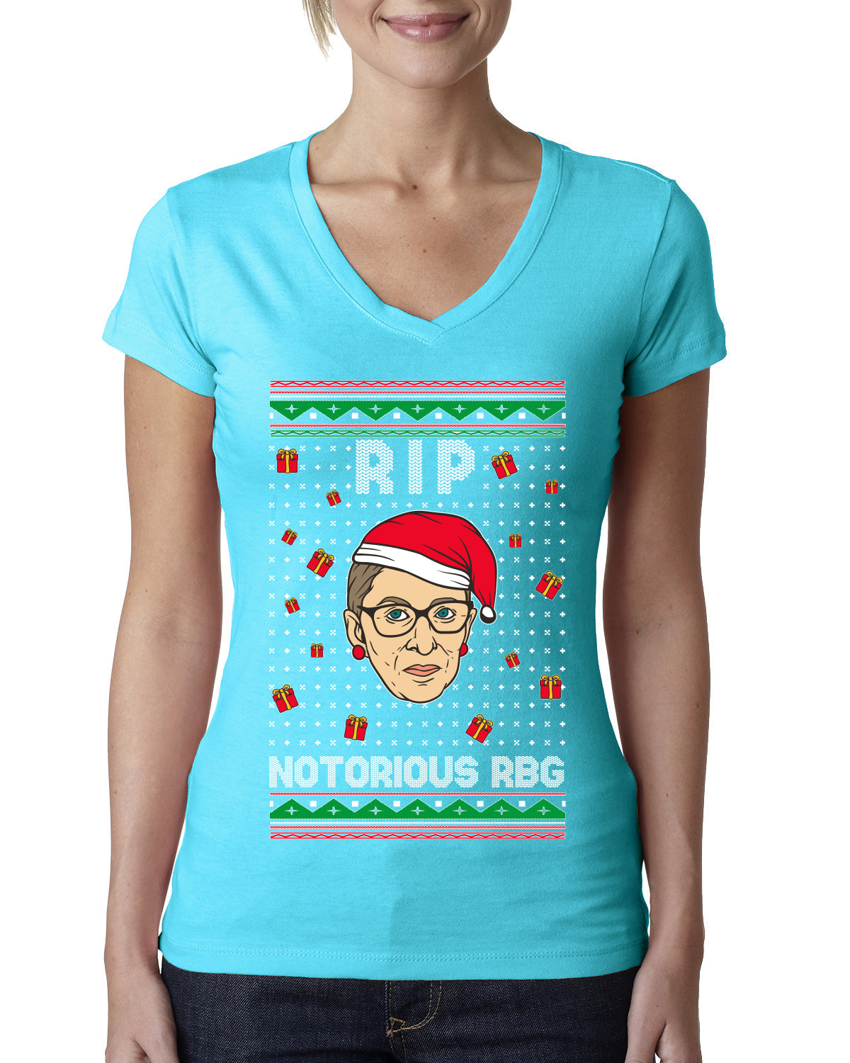 RIP Notorious RBG Ruth Bader Ginsburg Ugly Christmas Sweater Womens Junior Fit V-Neck Tee