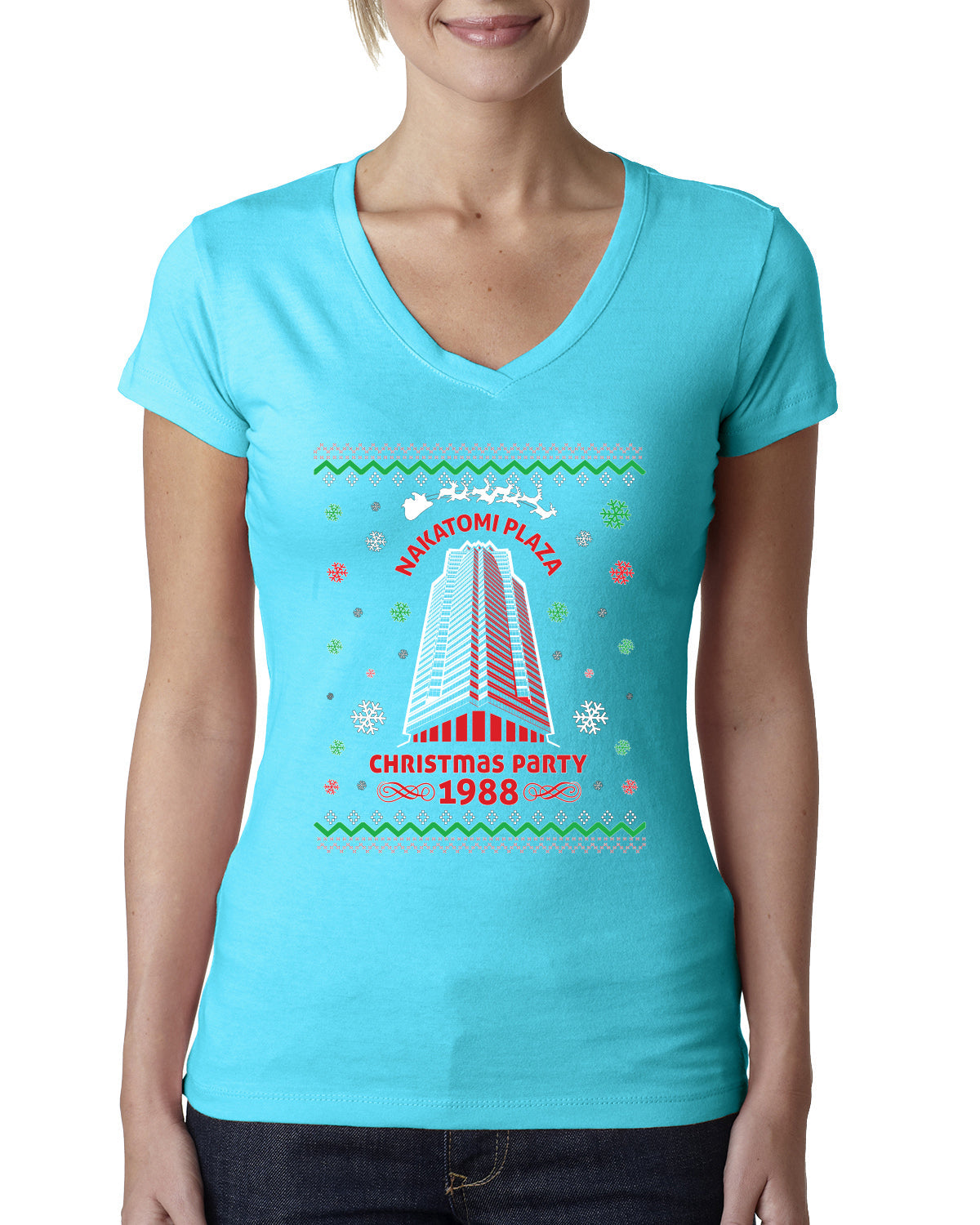 Nakatomi Plaza Christmas Party 1988 Ugly Christmas Sweater Womens Junior Fit V-Neck Tee