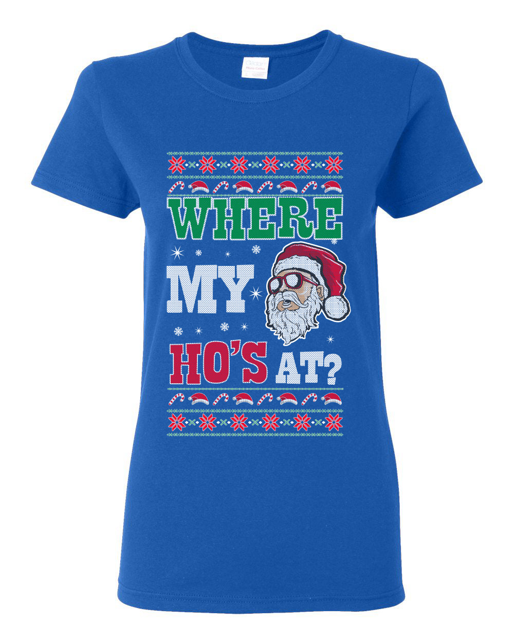 Where my Hos At Santa Funny Ugly Christmas Sweater Womens Graphic T-Shirt