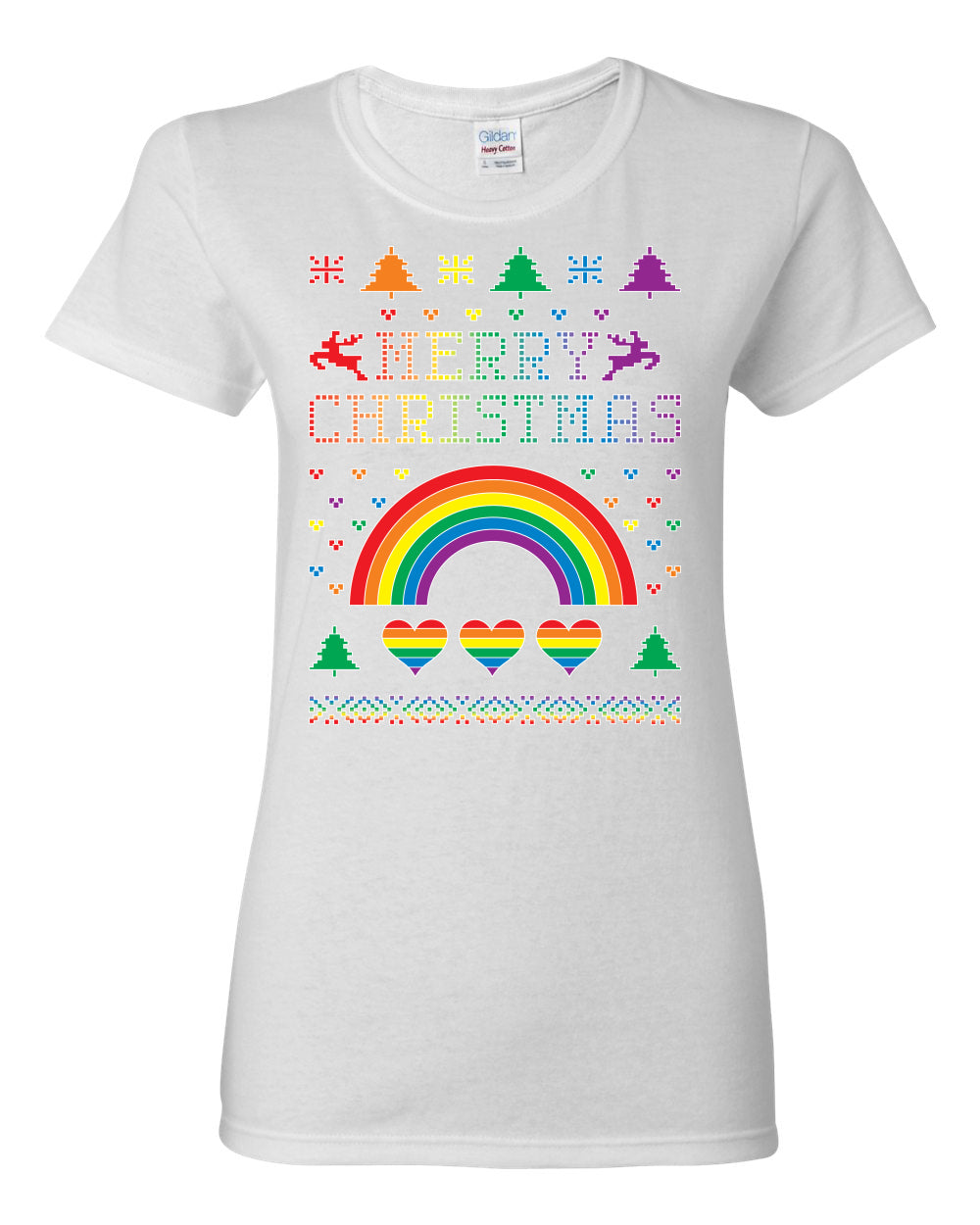 Merry Christmas Rainbow Hearts Womens Graphic T-Shirt