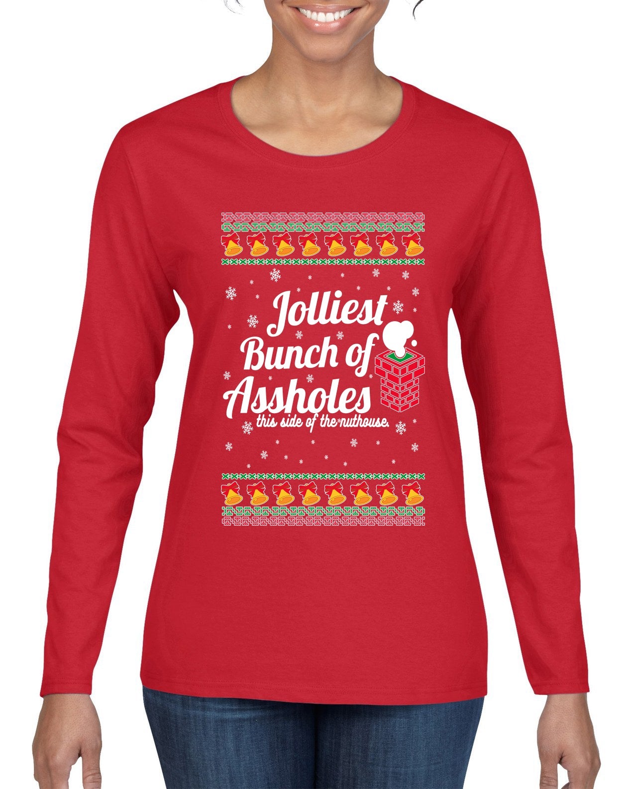 Jolliest Bunch of Assholes Xmas Movie Ugly Christmas Sweater Womens Graphic Long Sleeve T-Shirt