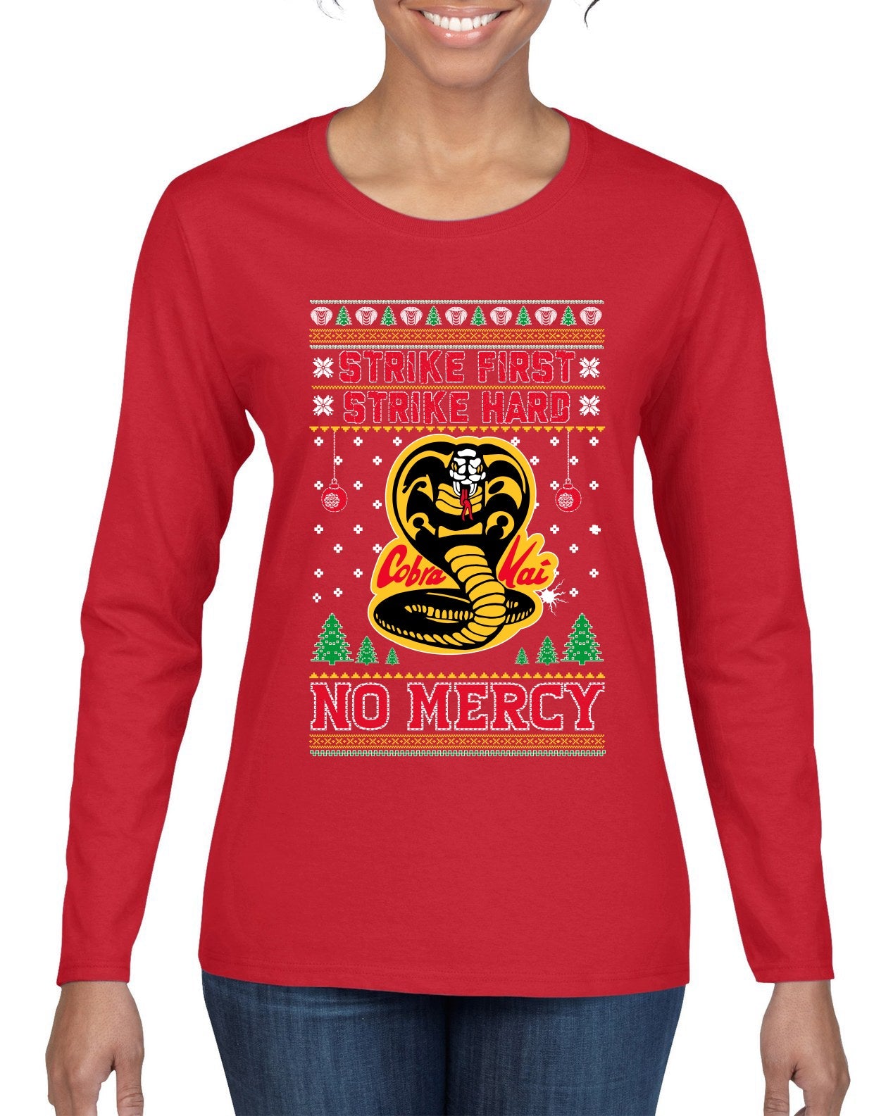 Strike First Strike Hard No Mercy Xmas Ugly Christmas Sweater Womens Graphic Long Sleeve T-Shirt