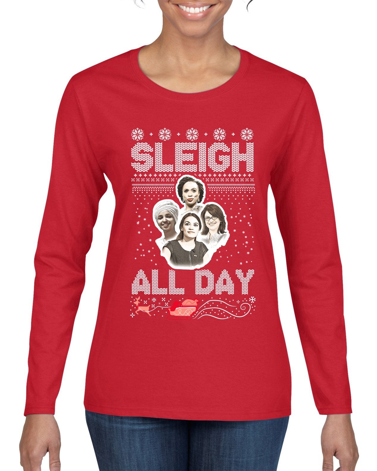 AOC The Squad Congresswomen Sleigh All Day Xmas Ugly Christmas Sweater Womens Graphic Long Sleeve T-Shirt