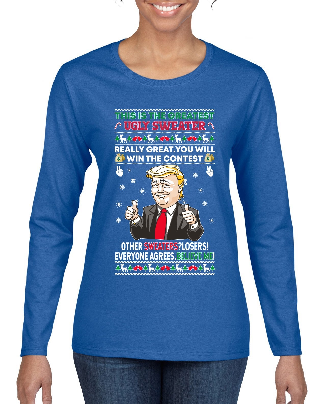 Trump This is the Greatest Ugly Christmas Sweater Womens Graphic Long Sleeve T-Shirt