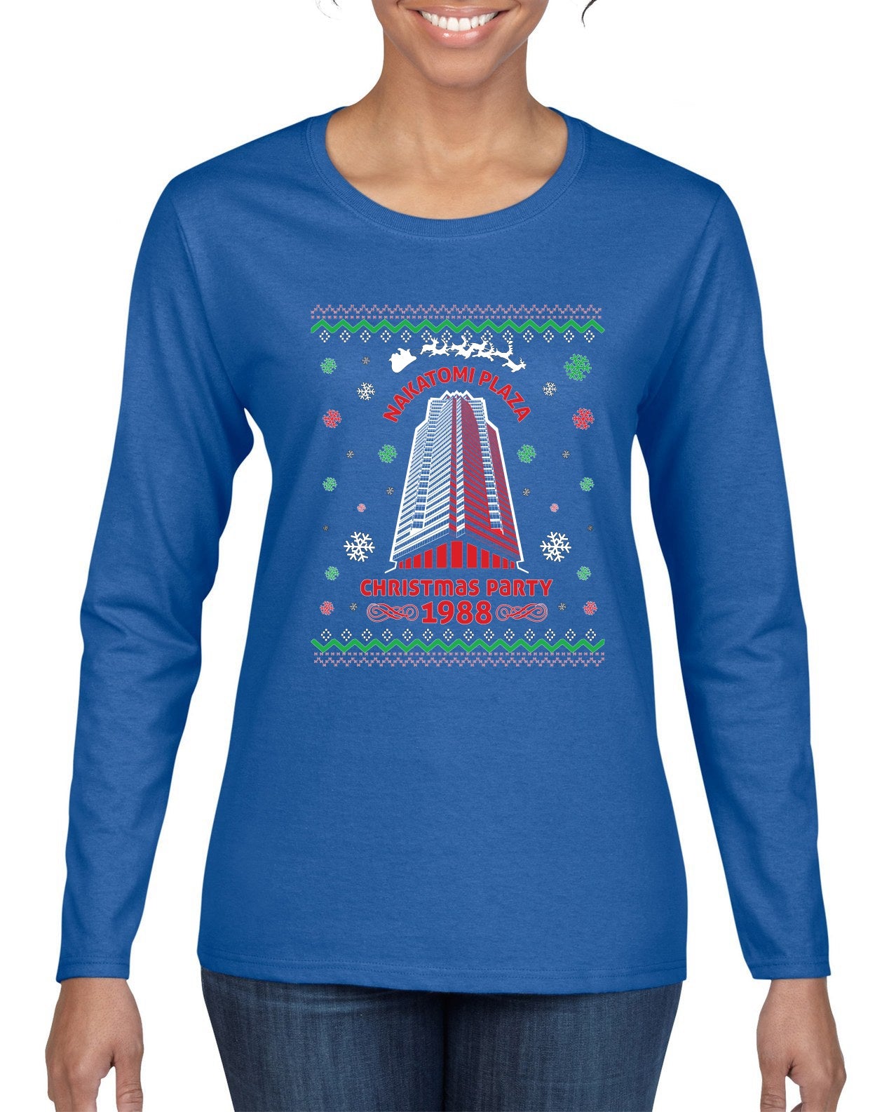 Nakatomi Plaza Christmas Party 1988 Ugly Christmas Sweater Womens Graphic Long Sleeve T-Shirt