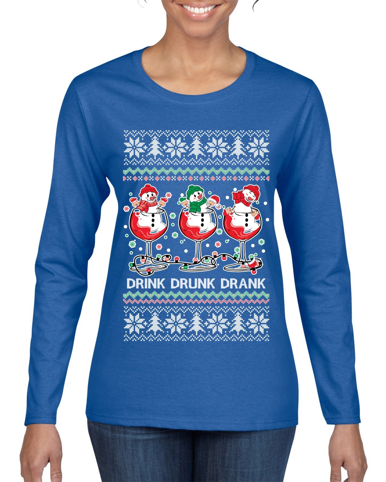 Holiday Spirits Drink Drank Drunk Snowmen Ugly Christmas Sweater Womens Graphic Long Sleeve T-Shirt