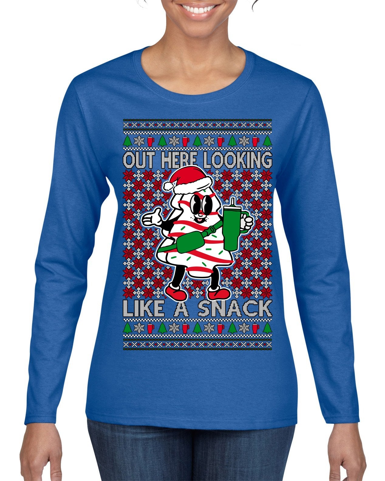 Out Here Looking Like a Snack Funny Cute Christmas Cookie Ugly Christmas Sweater Womens Graphic Long Sleeve T-Shirt
