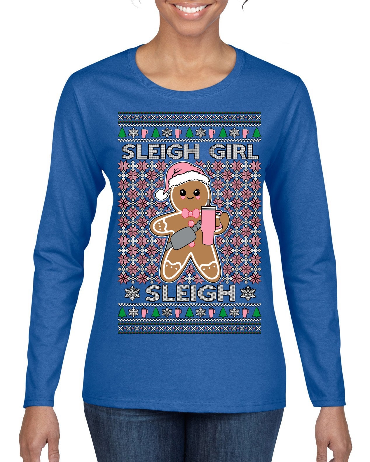 Sleigh Girl Sleigh Funny Trendy Pop Girly Sling Bag Coffee Cup Ugly Christmas Sweater Womens Graphic Long Sleeve T-Shirt