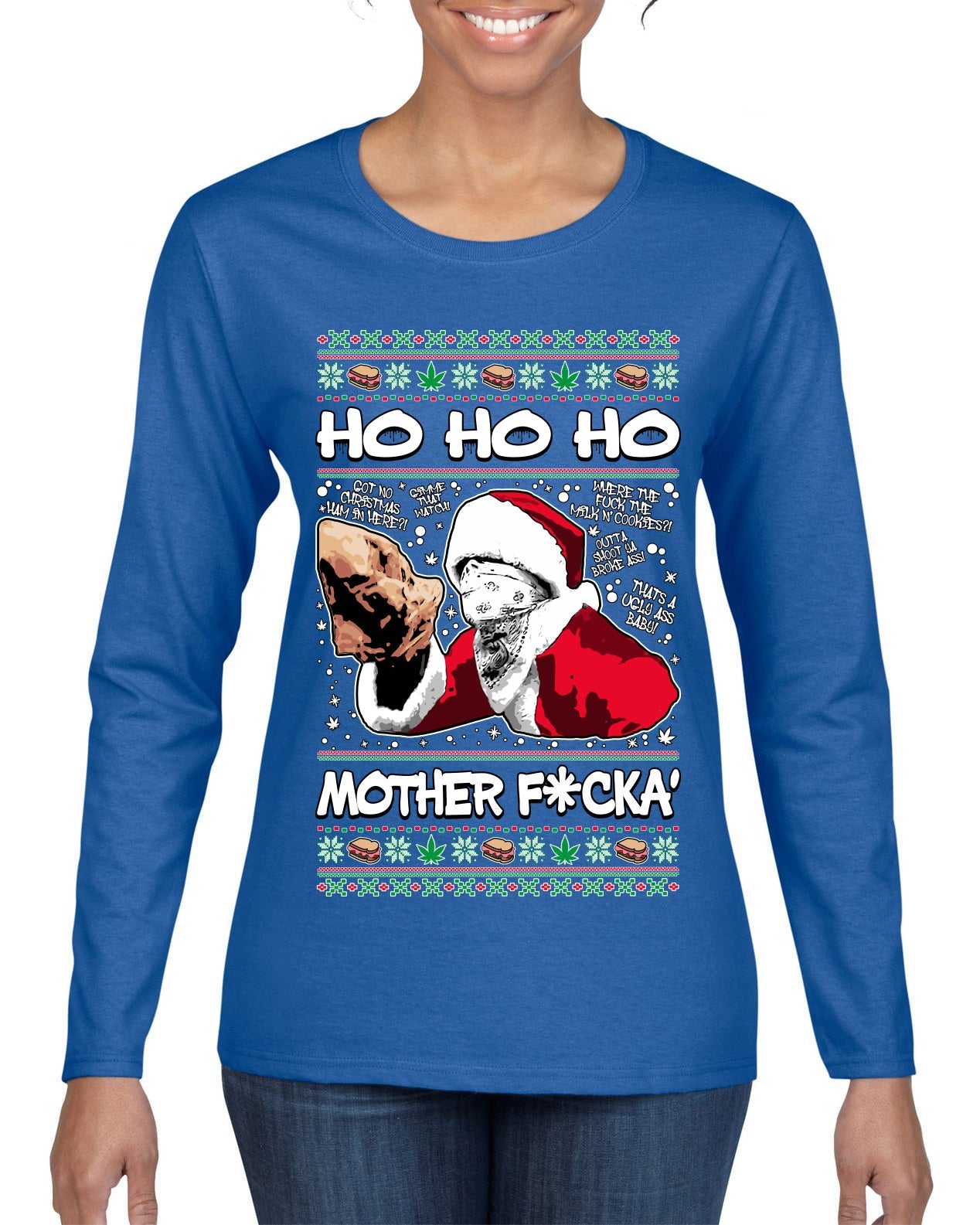 Friday Hood Santa Ugly Christmas Sweater Womens Graphic Long Sleeve T-Shirt