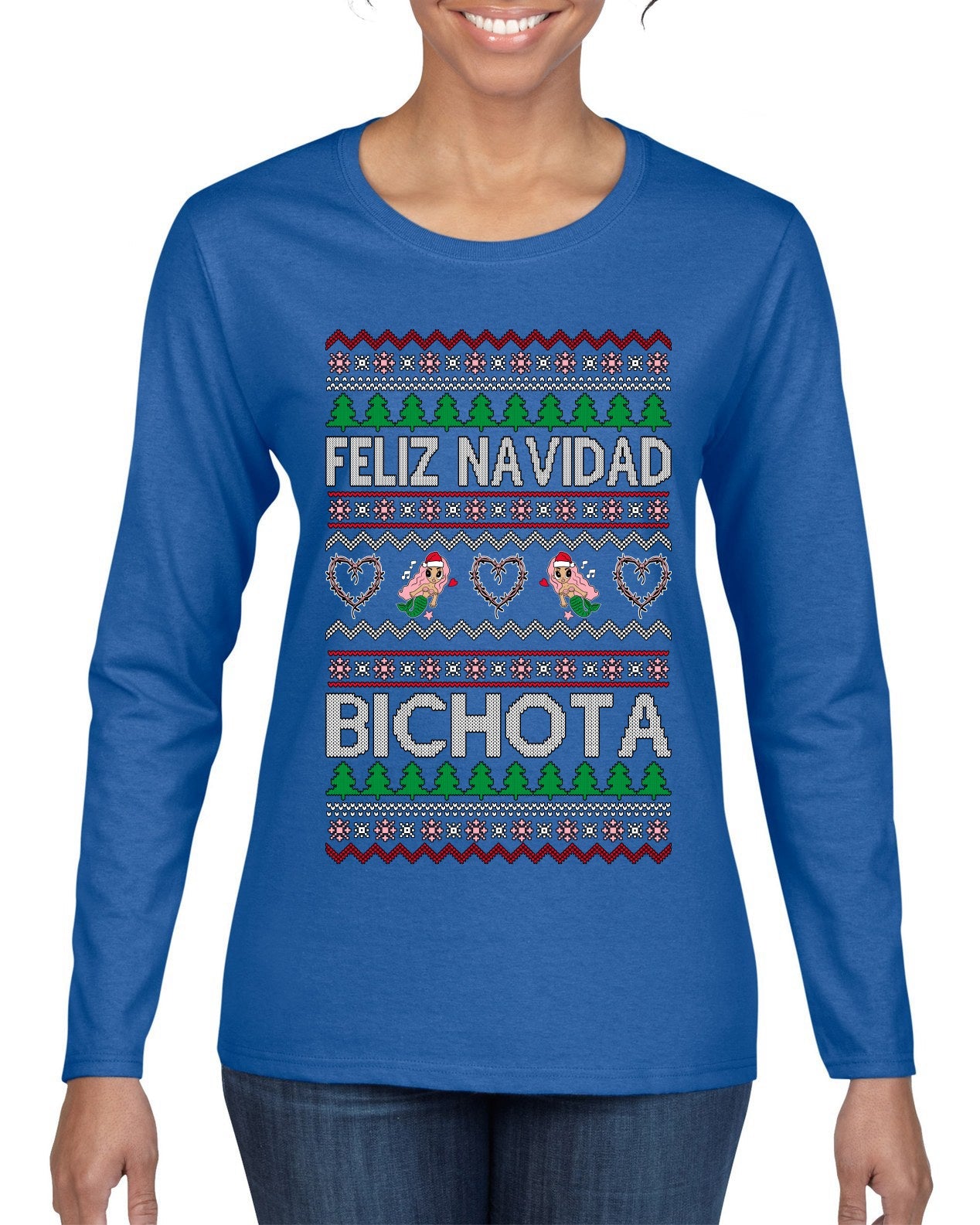 Feliz Navidad Bichota Ugly Christmas Sweater Womens Graphic Long Sleeve T-Shirt