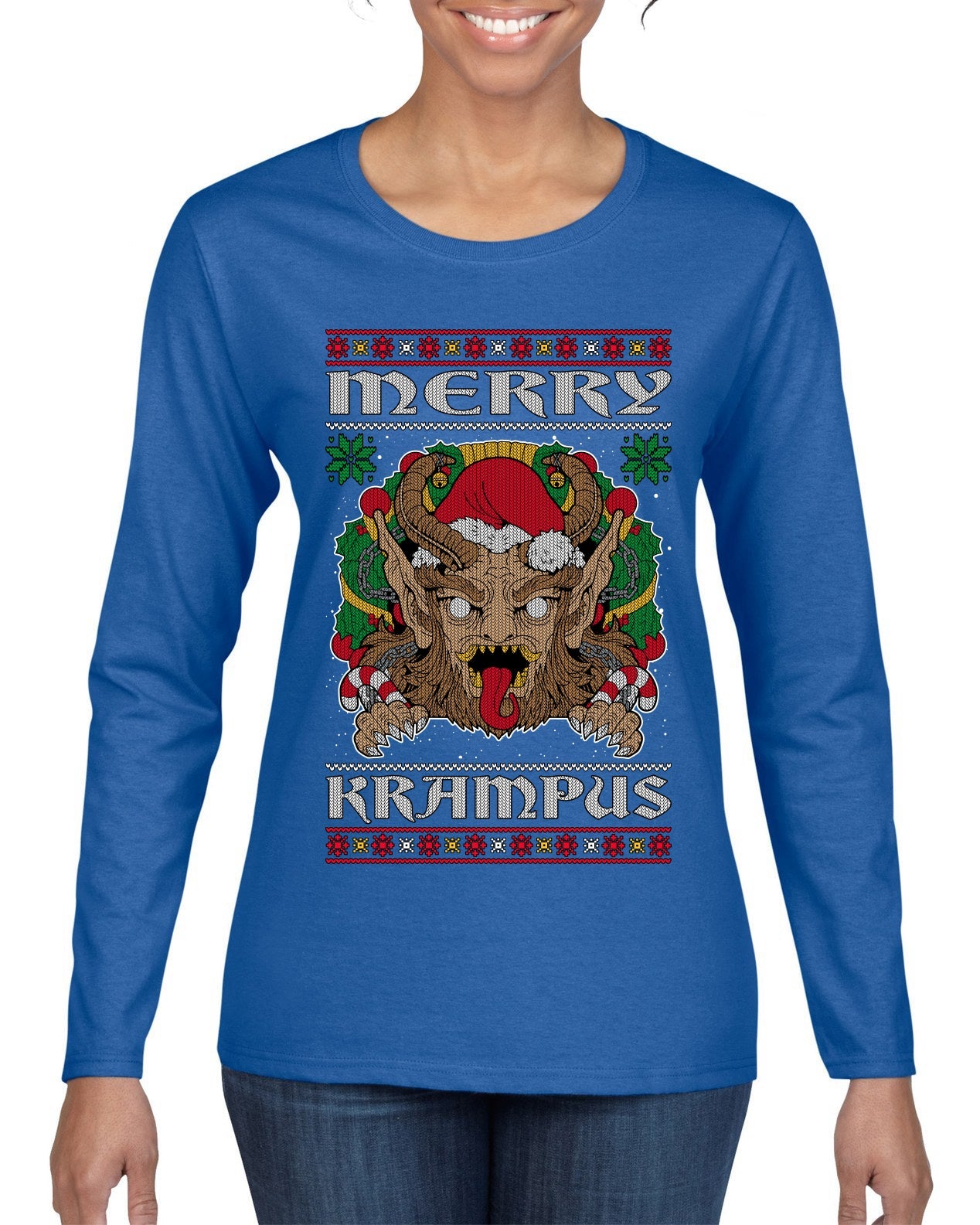 Merry Krampus Santa Folklore Figure Horror Ugly Christmas Sweater Womens Graphic Long Sleeve T-Shirt