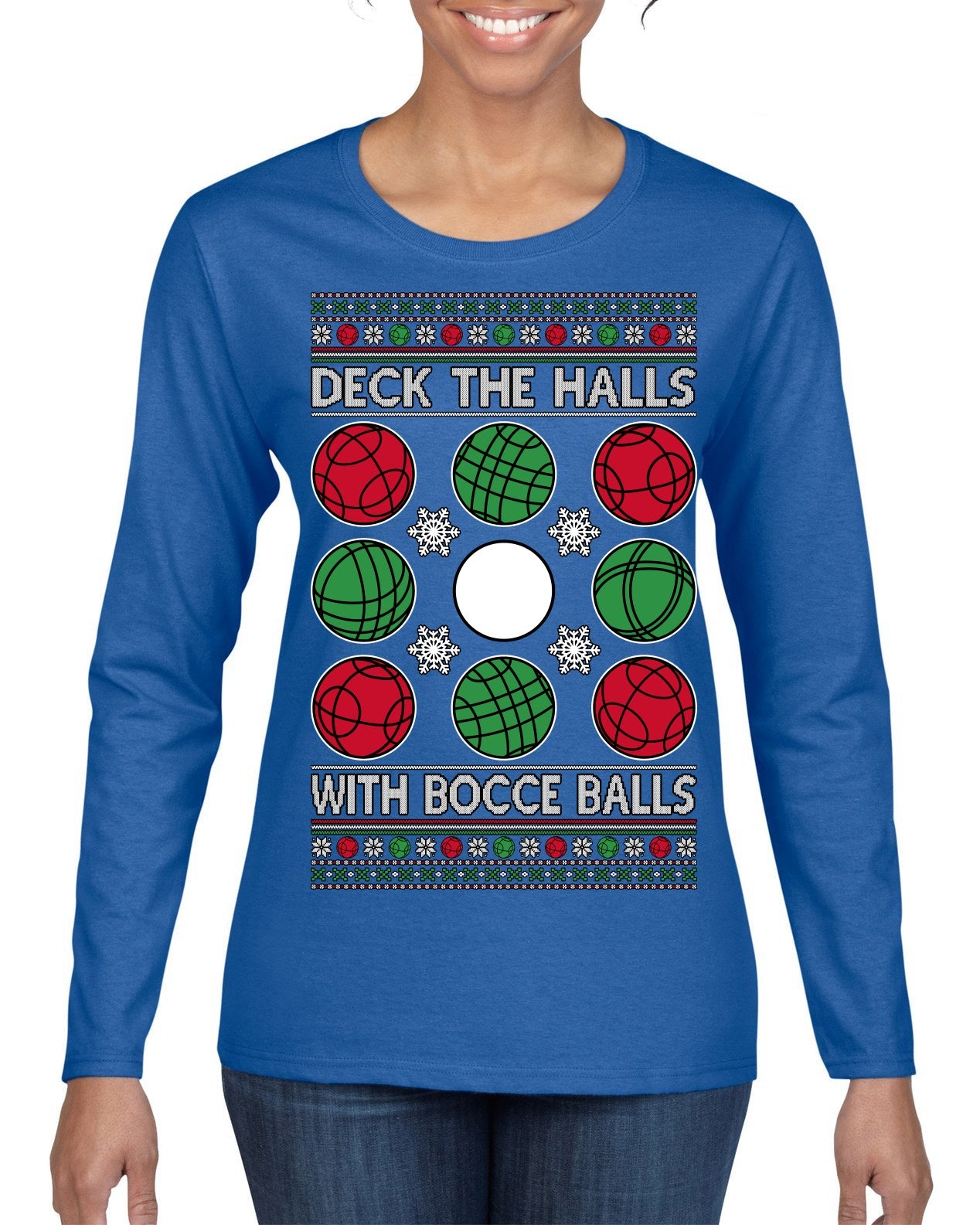 Deck the Halls with Bocce Balls, Funny Classic Italy Italian Sports Ugly Christmas Sweater Womens Graphic Long Sleeve T-Shirt