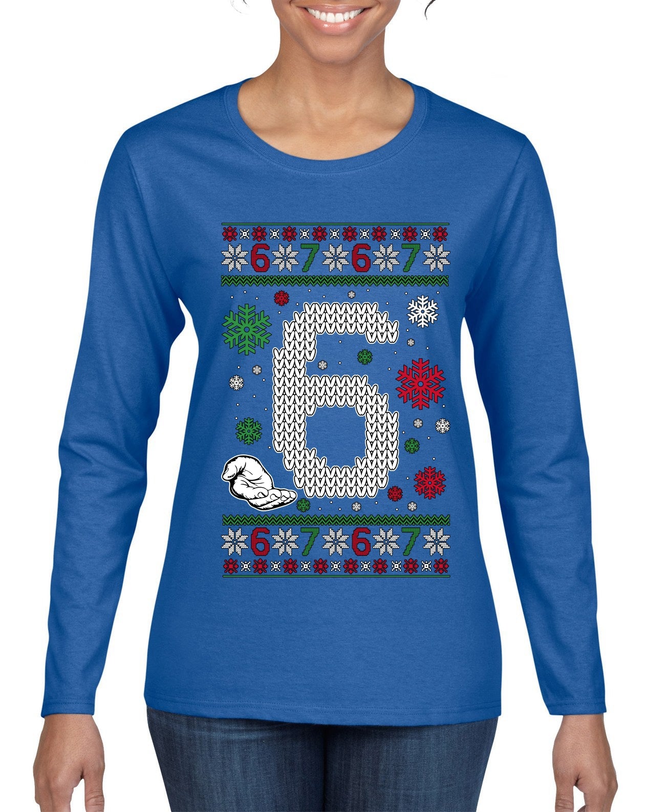 Christmas 6 Meme, Ugly Christmas Sweater Womens Graphic Long Sleeve T-Shirt