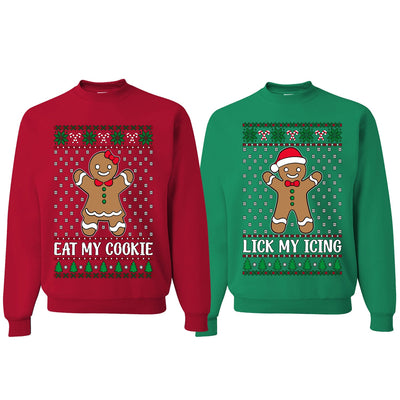 Eat My Cookie Lick My Icing Naughty Gingerbread Ugly Christmas Matching Couples Crewneck Sweater